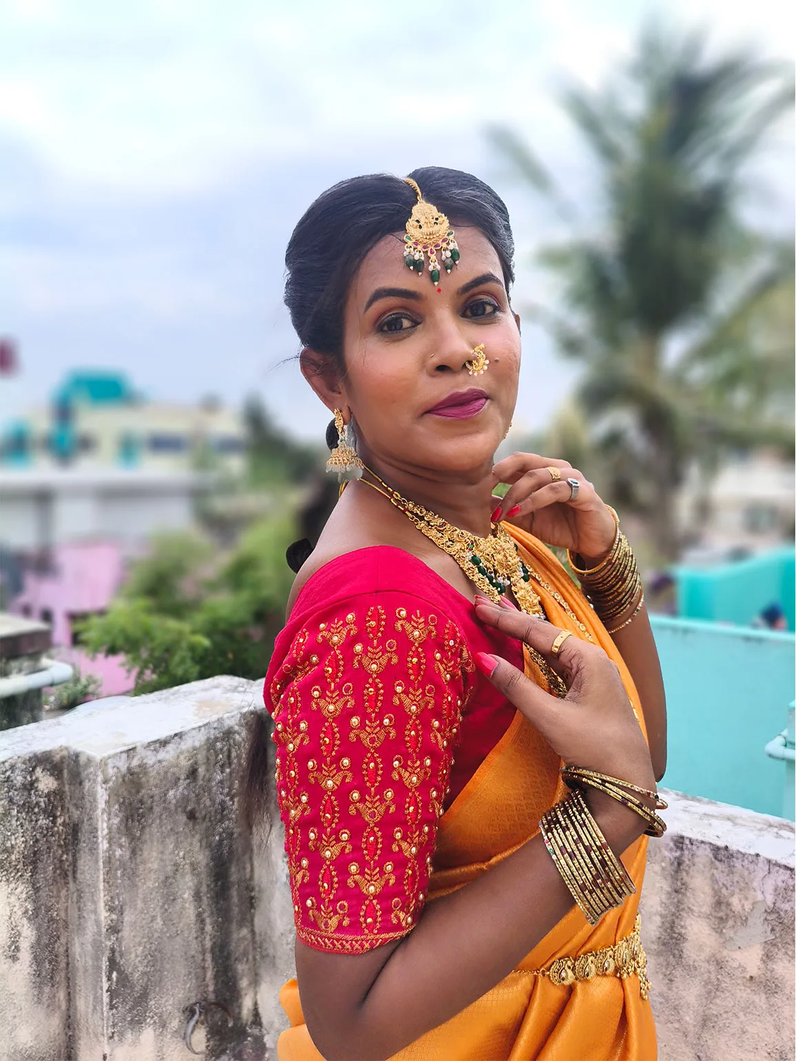Bright portrait showing polished bridal makeup finish